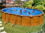 Mauritius ovaler Stahlpool mit Holzoptik, 6,34 x 3,99 x 1,32 m - Grau